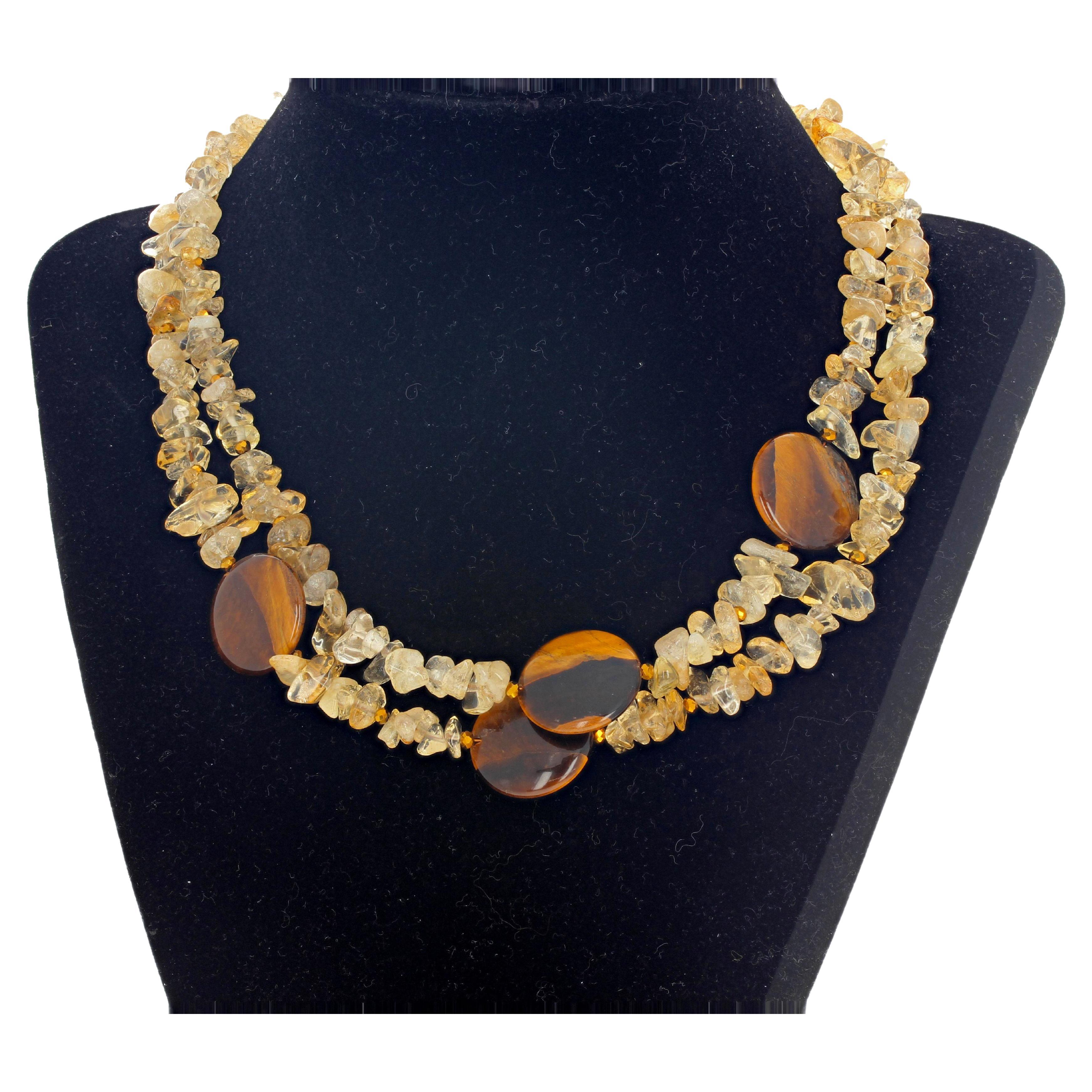 AJD Modern Chic Double Strand Citrine and Tiger Eye Artistic Necklace For Sale