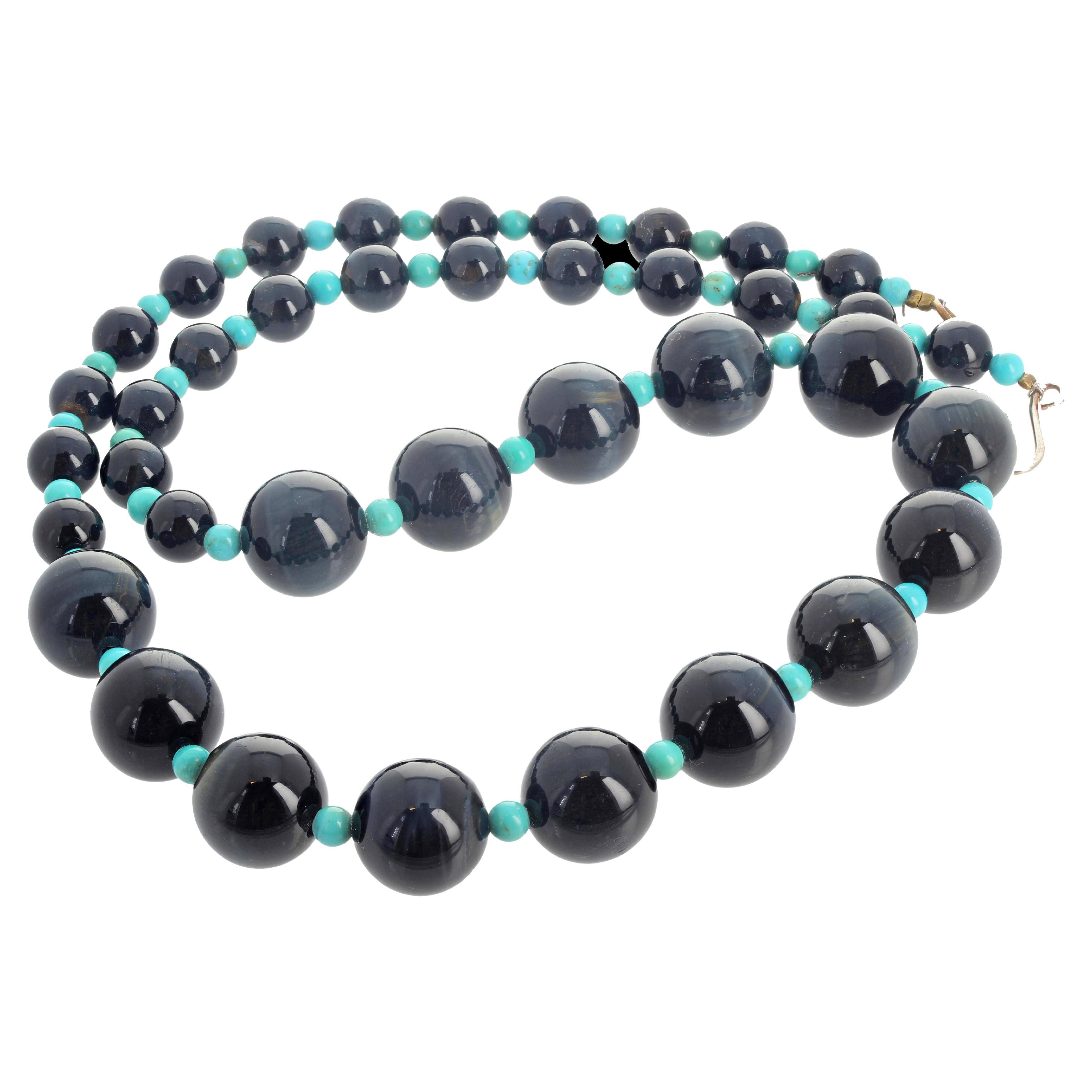 AJD Splendidly Gorgeous Real Blue Tiger Eye & Turquoise 22" Long Necklace  For Sale