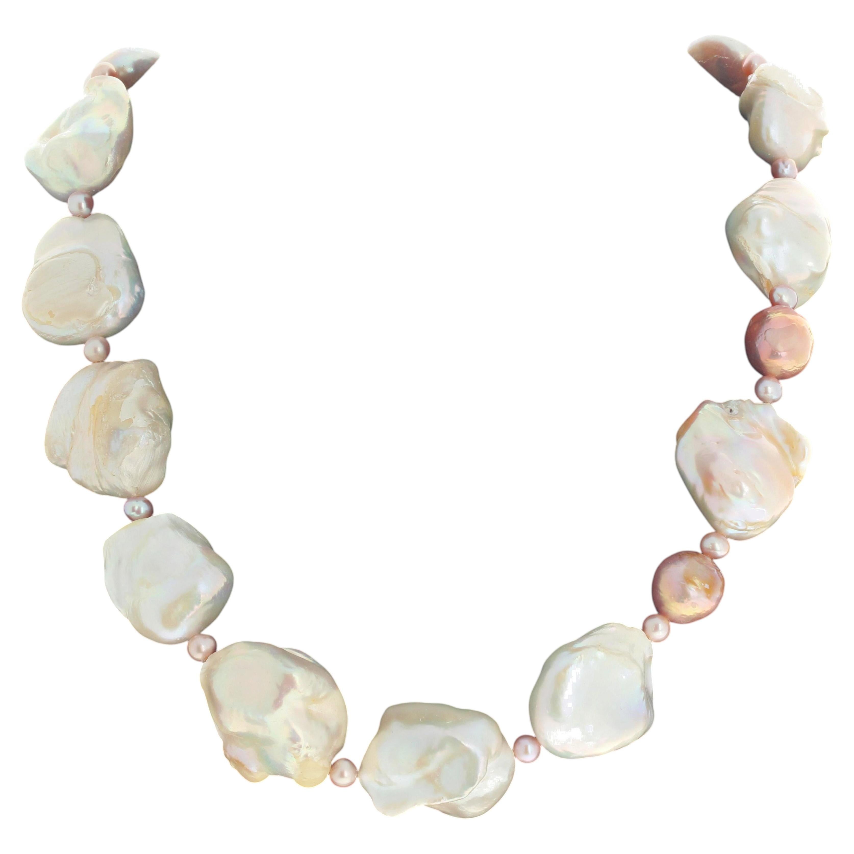 AJD Dramatic Cultured Glowing Baroque White Pearls & Pinkish Pearl 22" Necklace