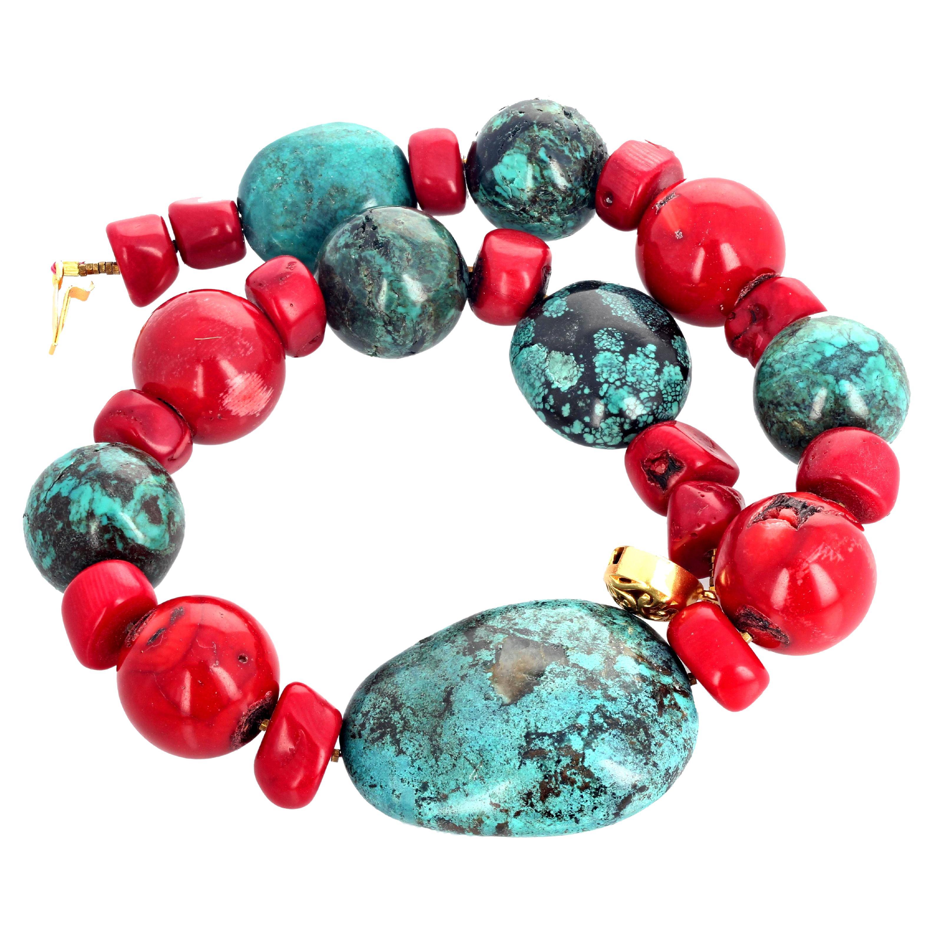 AJD Huge Dramatic Natural Turquoise and Real Bamboo Coral Necklace For Sale