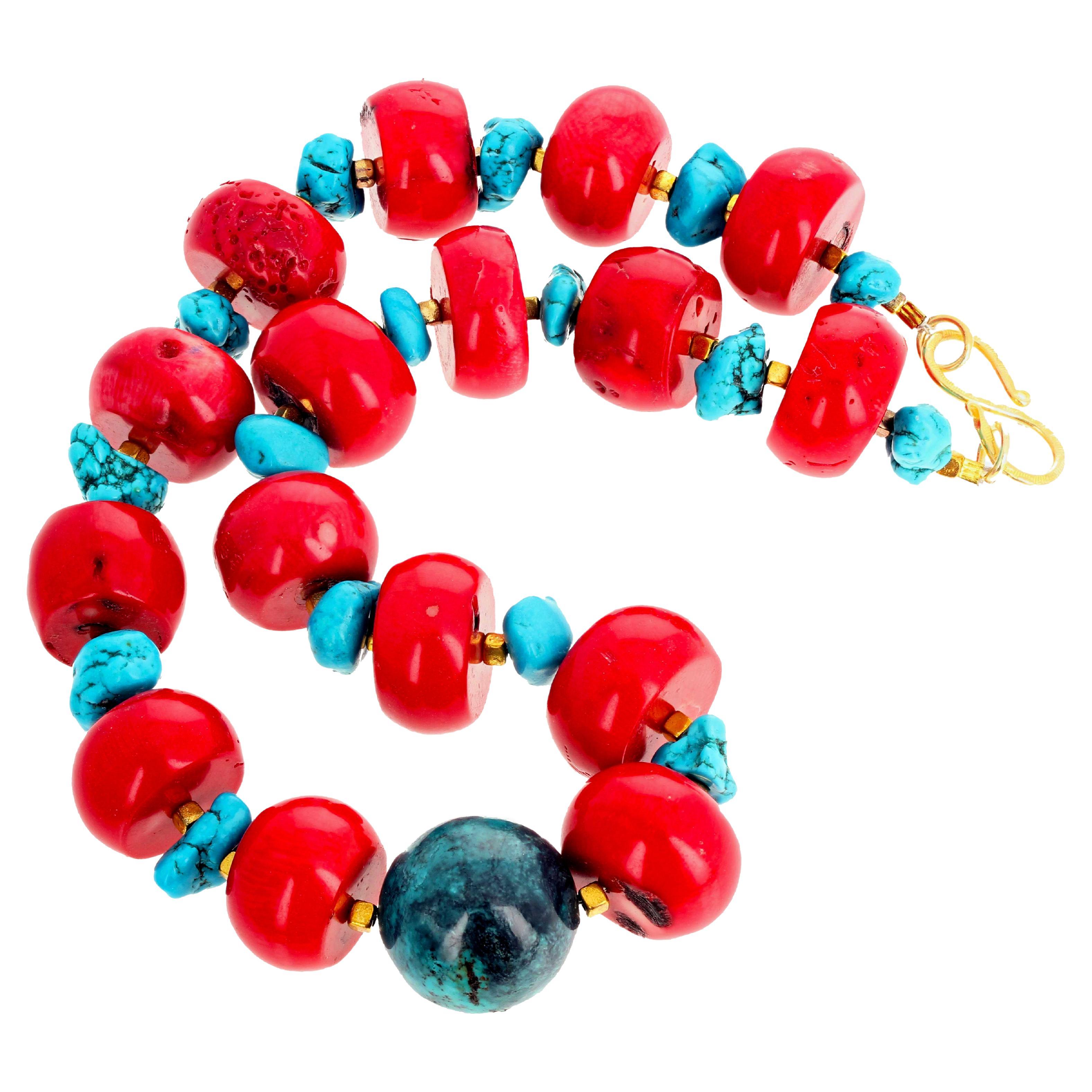 Impressionnant collier de 18 pouces en corail rouge, magnesite bleu et azurite AJD