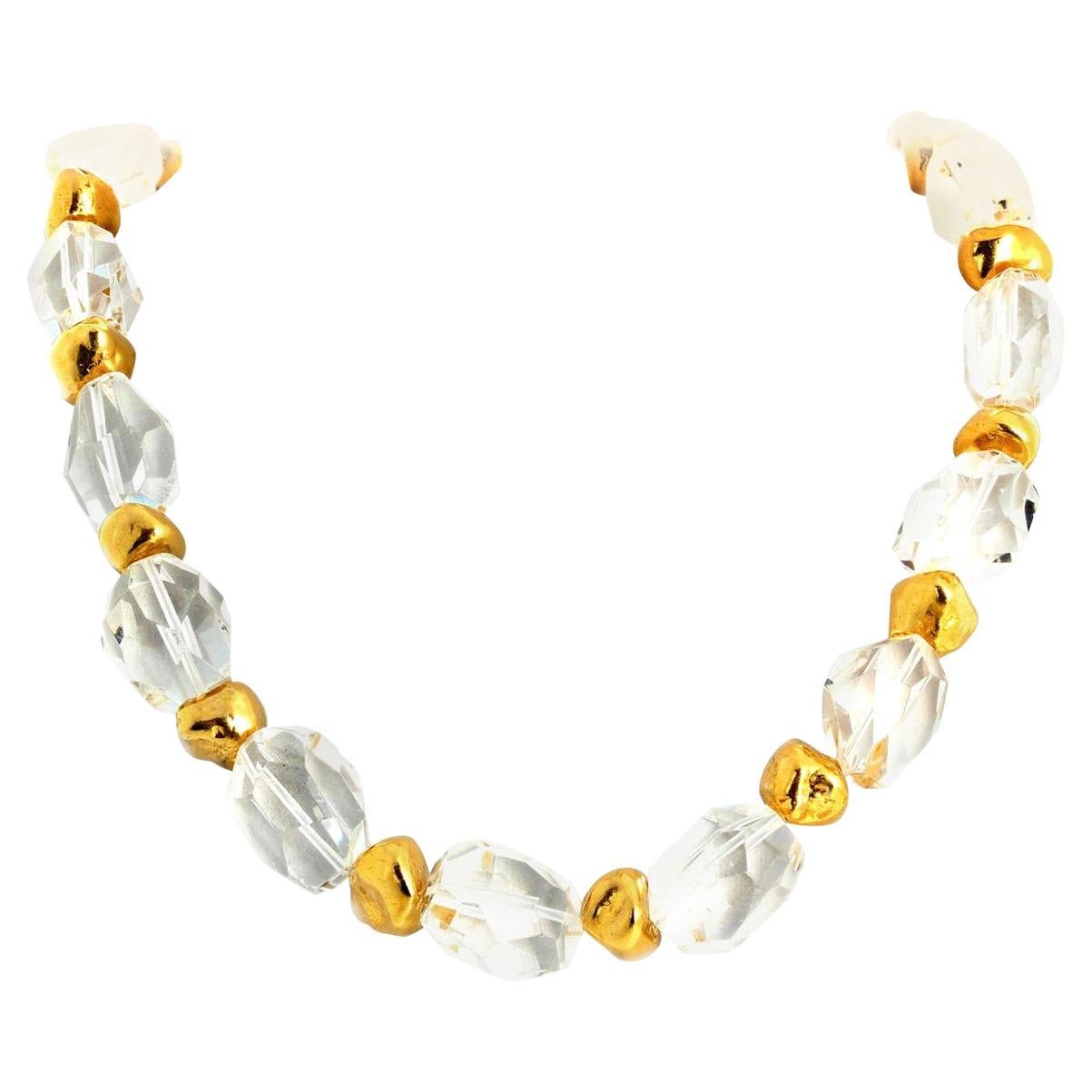 AJD Brilliant Elegant Romantic Silvery White Quartz & Gold Nugget Necklace For Sale