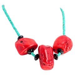 AJD Dramatic Impressive Coral Chunk and Turquoise Statement Neckace