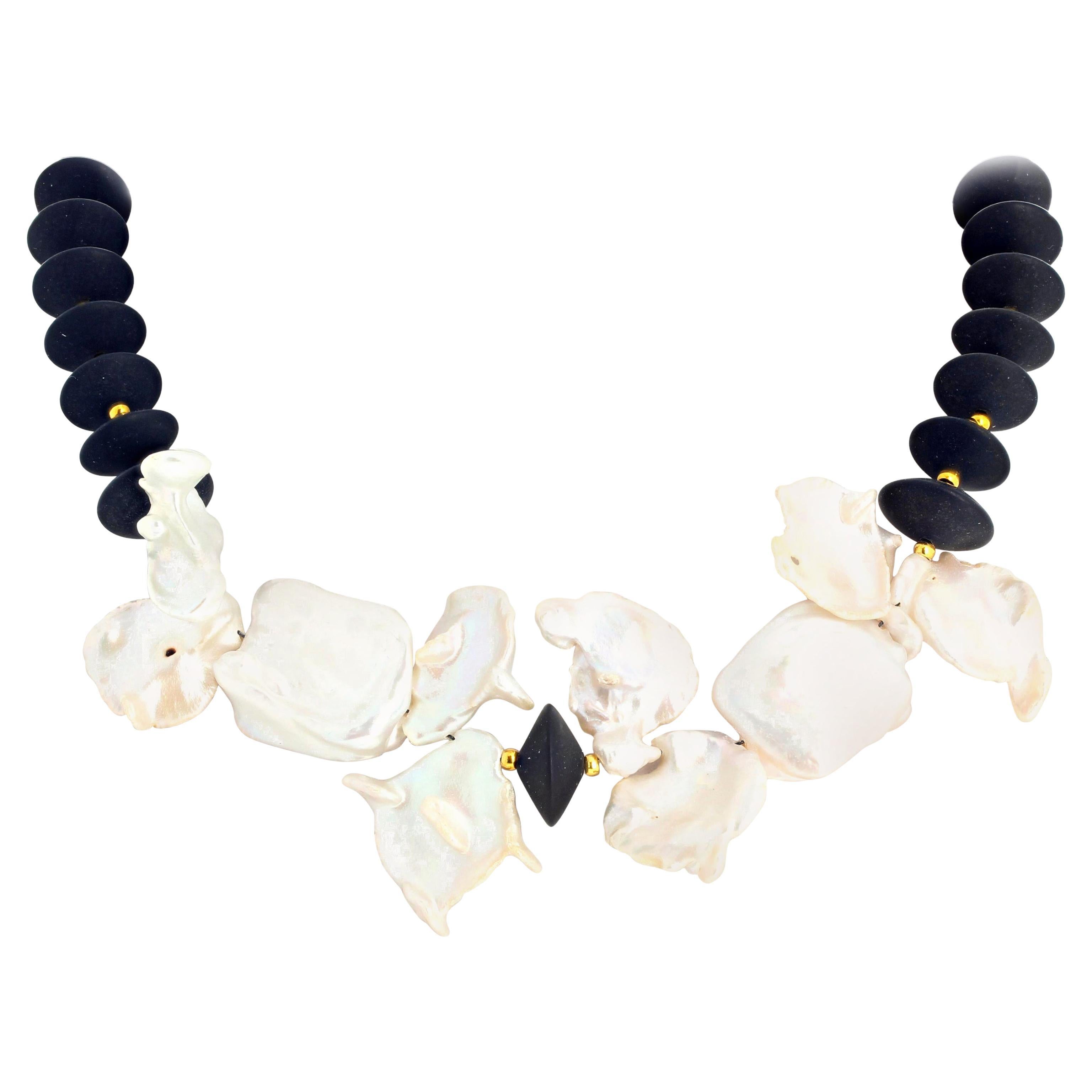 AJD Modern Dramatic Real Ocean Cultured Pearls & Black Onyx Cocktail Necklace For Sale