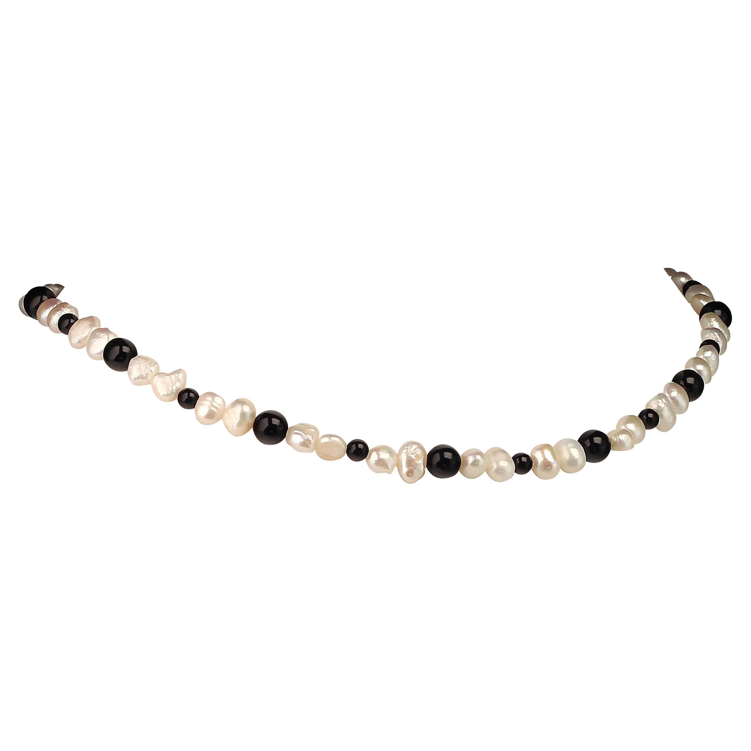 AJD White Pearl and Black Onyx Choker Necklace or Bracelet June Birthstone