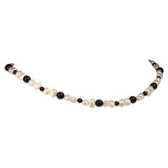 AJD White Pearl and Black Onyx Choker Necklace or Bracelet June Birthstone
