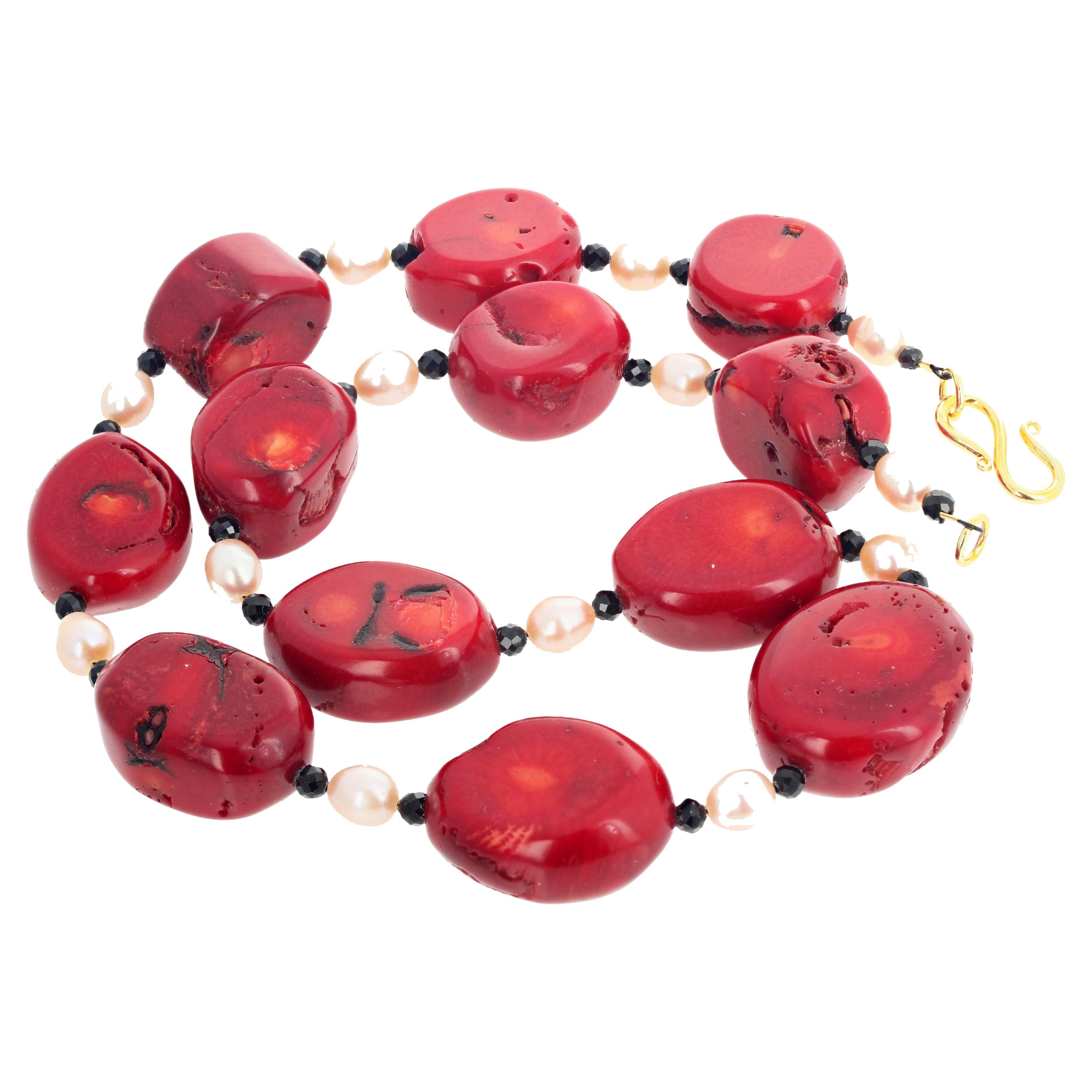 AJD Gorgeous Large Bamboo Coral, Black Spinel, and Real Pearls Necklace For Sale