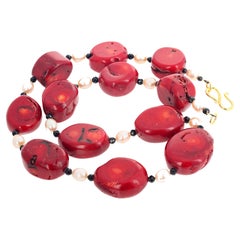 AJD Gorgeous Large Bamboo Coral, Black Spinel, and Real Pearls Necklace