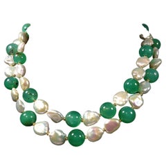 AJD Green Chrysoprase and White Baroque Pearl Double Strand Choker