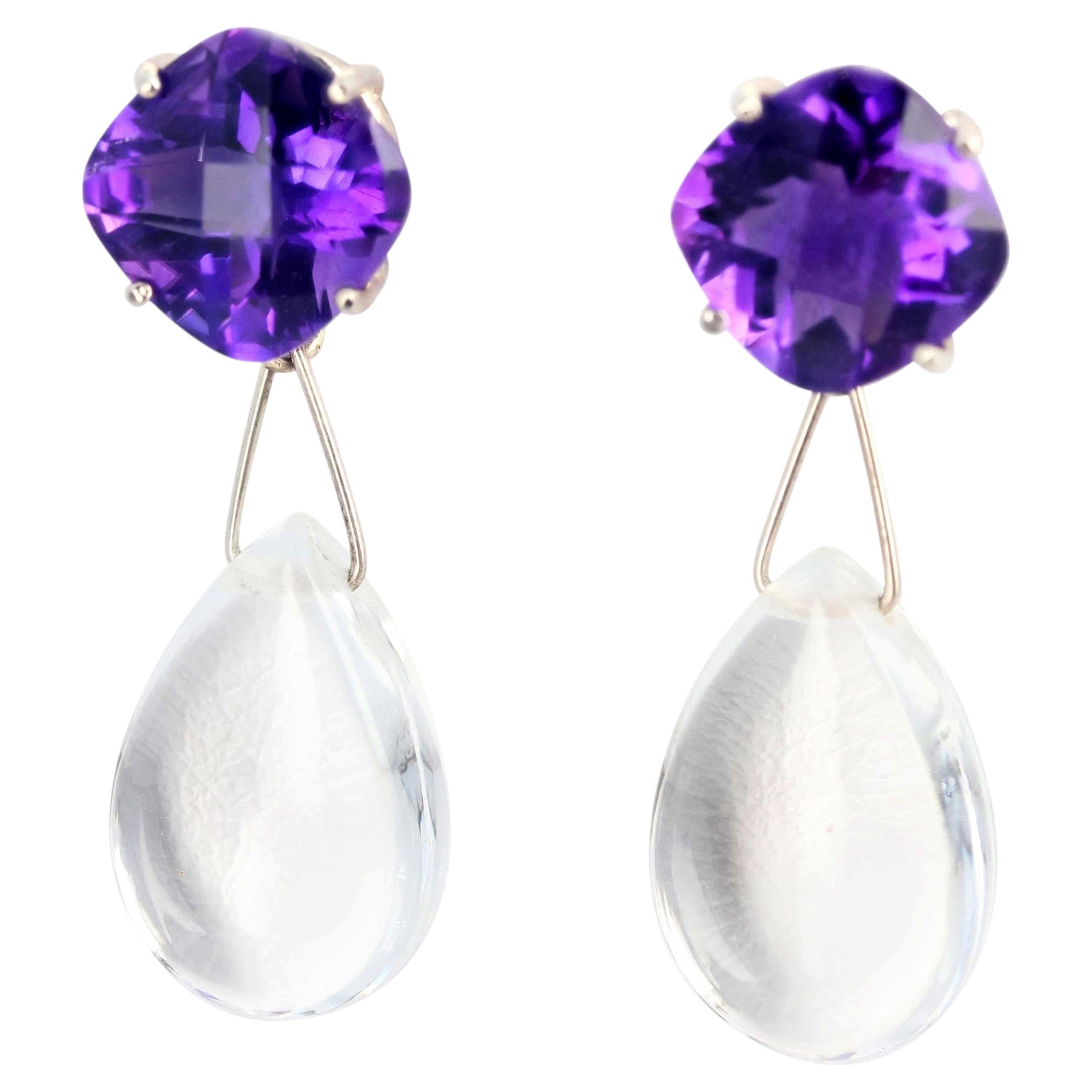 Spectacular Glittering Amethyst &Silver Quartz Dangle Cocktail Earrings