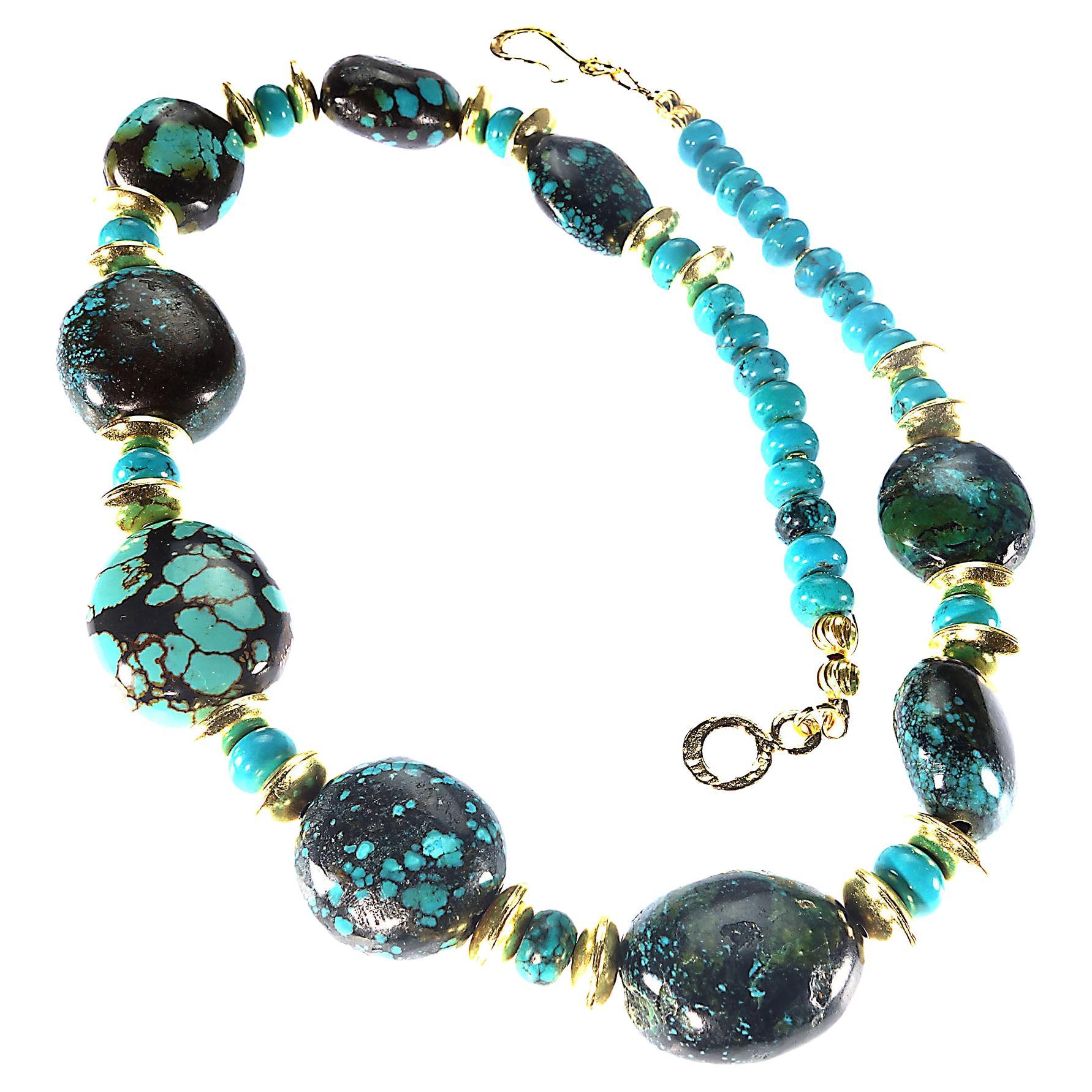 Elegant, handcrafted necklace of Hubei natural Turquoise with gold accents.  These gorgeous nuggets graduate from 21 x 20 MM to 27 x 23 MM. Each station is unique and interesting and they are enhanced with turquoise rondelles and gold tone