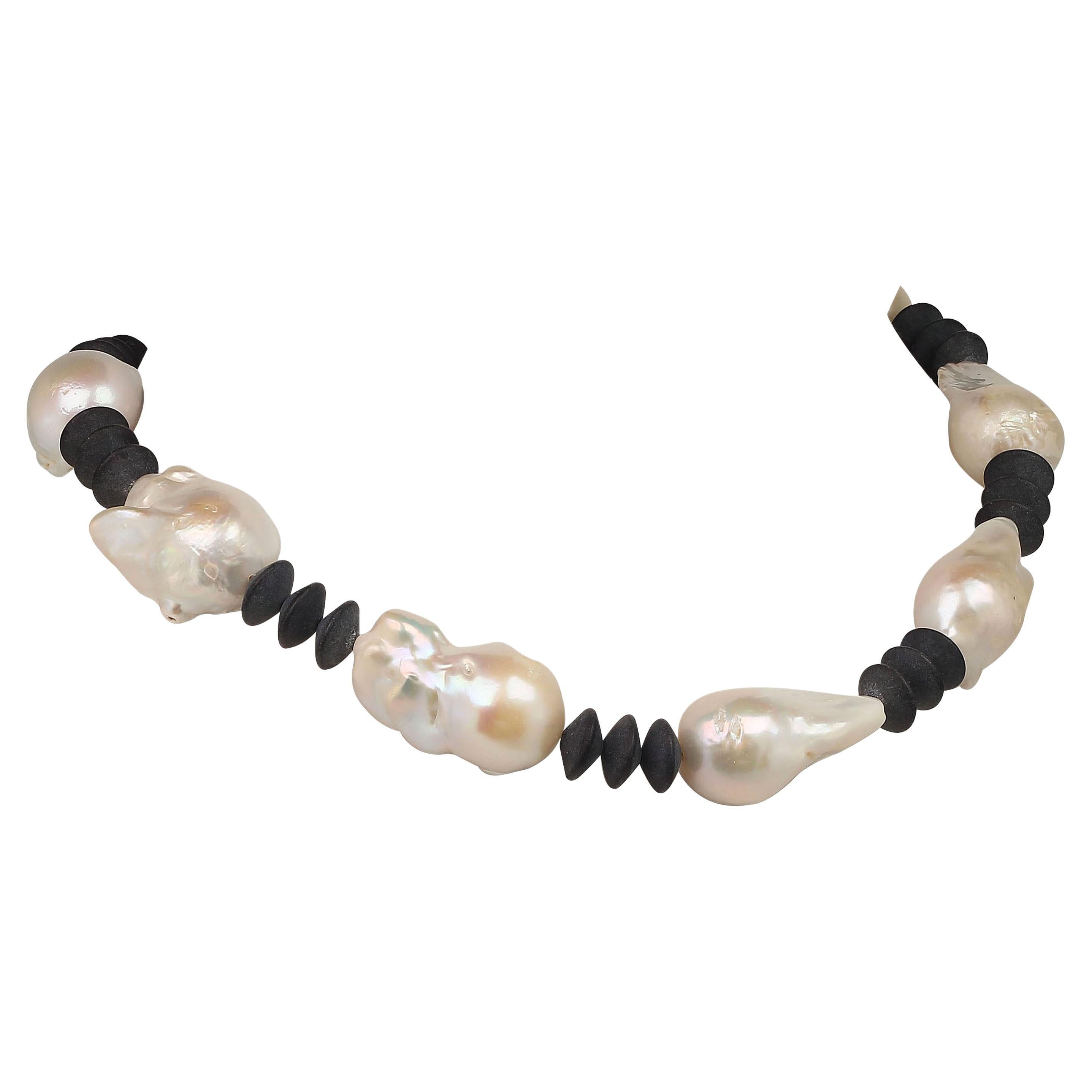 AJD 16 Inch Glorious White Baroque Pearls & Matte Onyx Black Rondelles Necklace