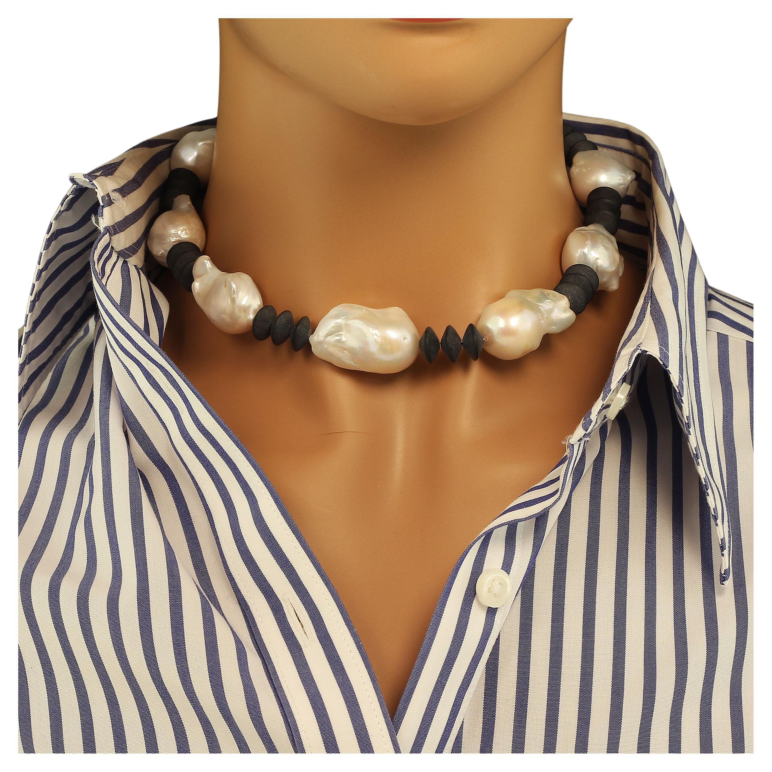 Magnificent iridescent white Baroque Pearls with matte Black Onyx Rondelles choker necklace.  Drop the mic!  This necklace is drop dead gorgeous!  These huge iridescent Baroque Pearls are each beautiful in their own way. This one of a kind 16 inch