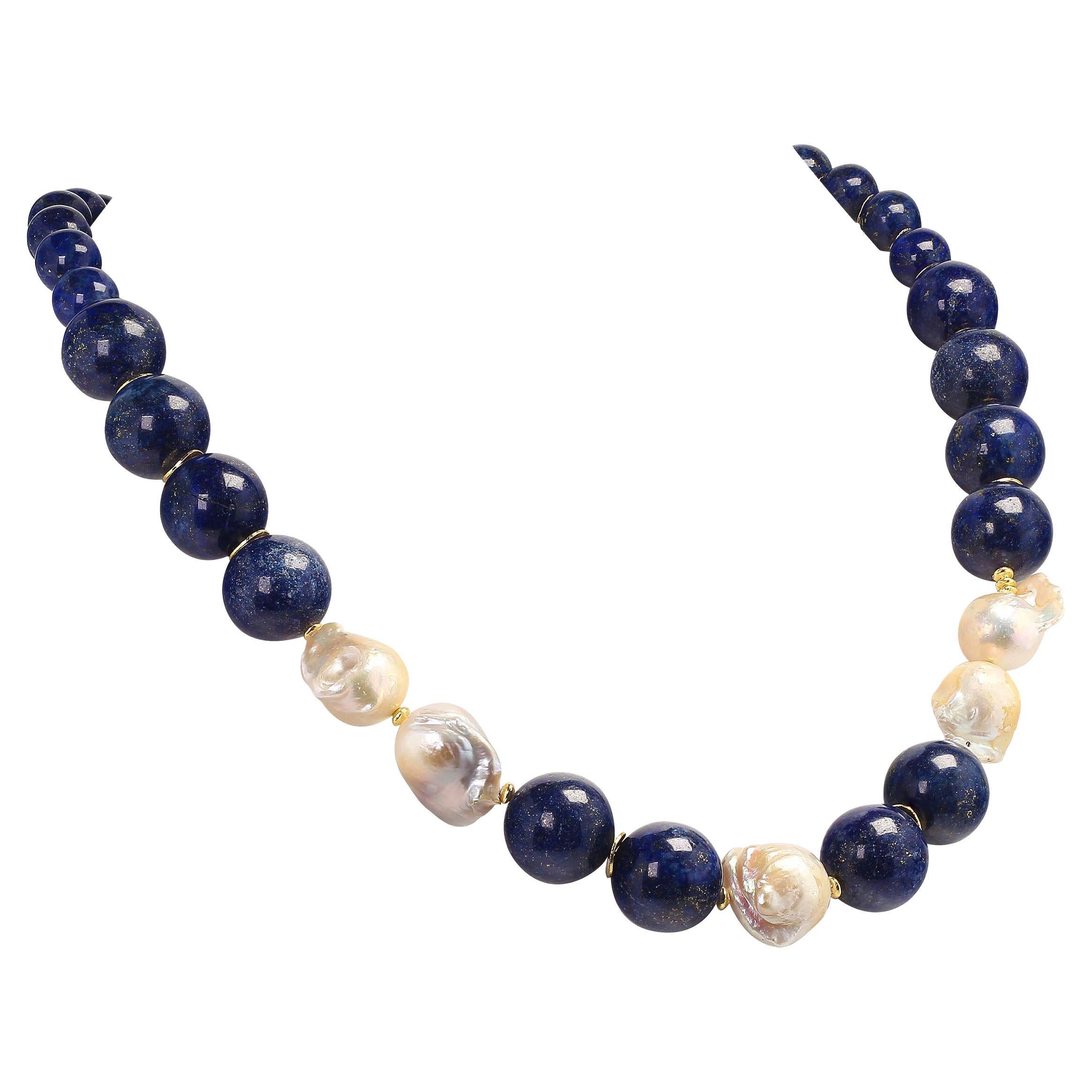 AJD 24 Inch Dramatic Blue Lapis Lazuli and White Baroque Pearl Necklace
