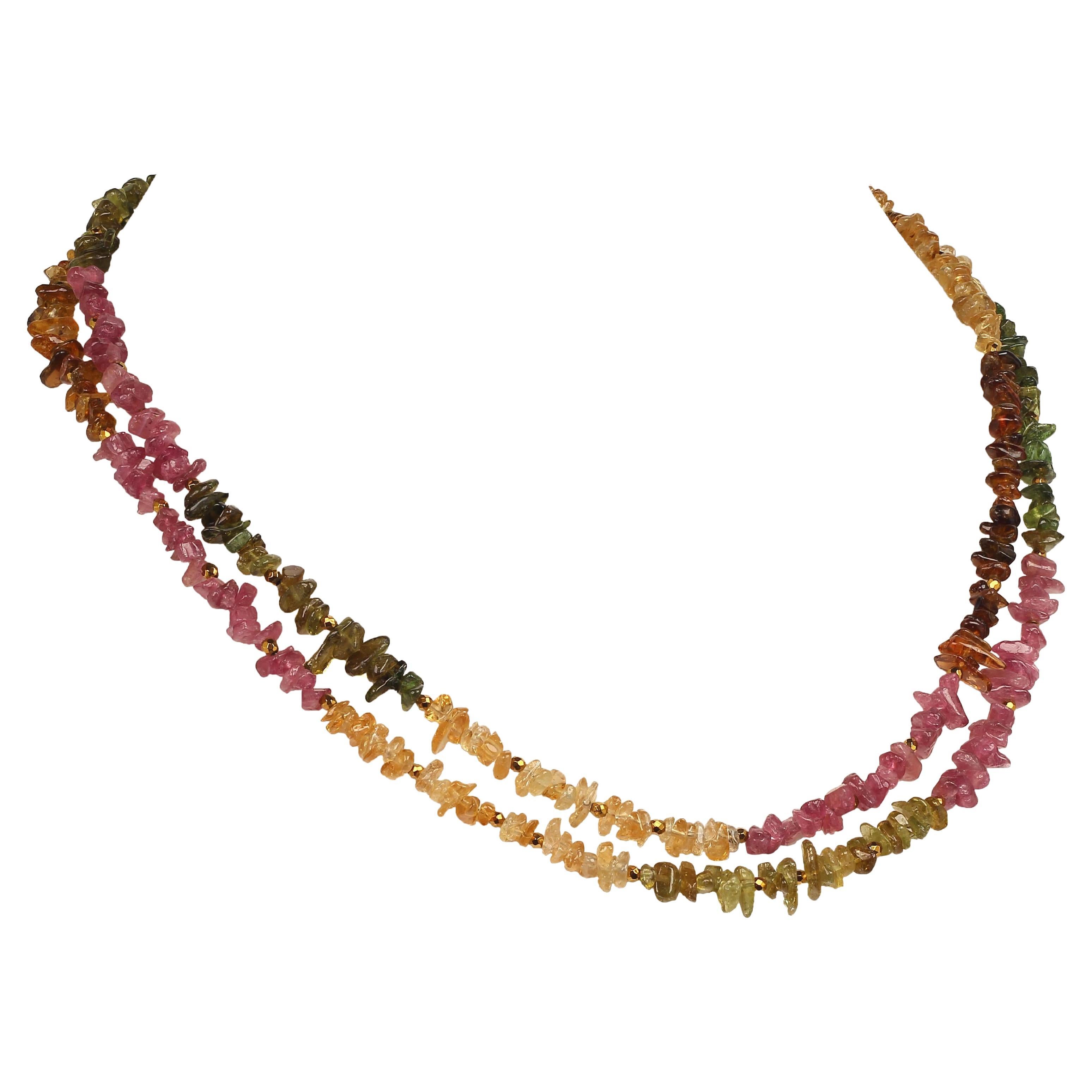 Sparkling Highly Polished Brazilian Gemstone Chip Necklace.  This 37 inch necklace is fabulous for everyday wear as well as evenings out!  Bright, sparkling tourmalines and citrines in glorious colors.  This handmade necklace is secured with a gold 