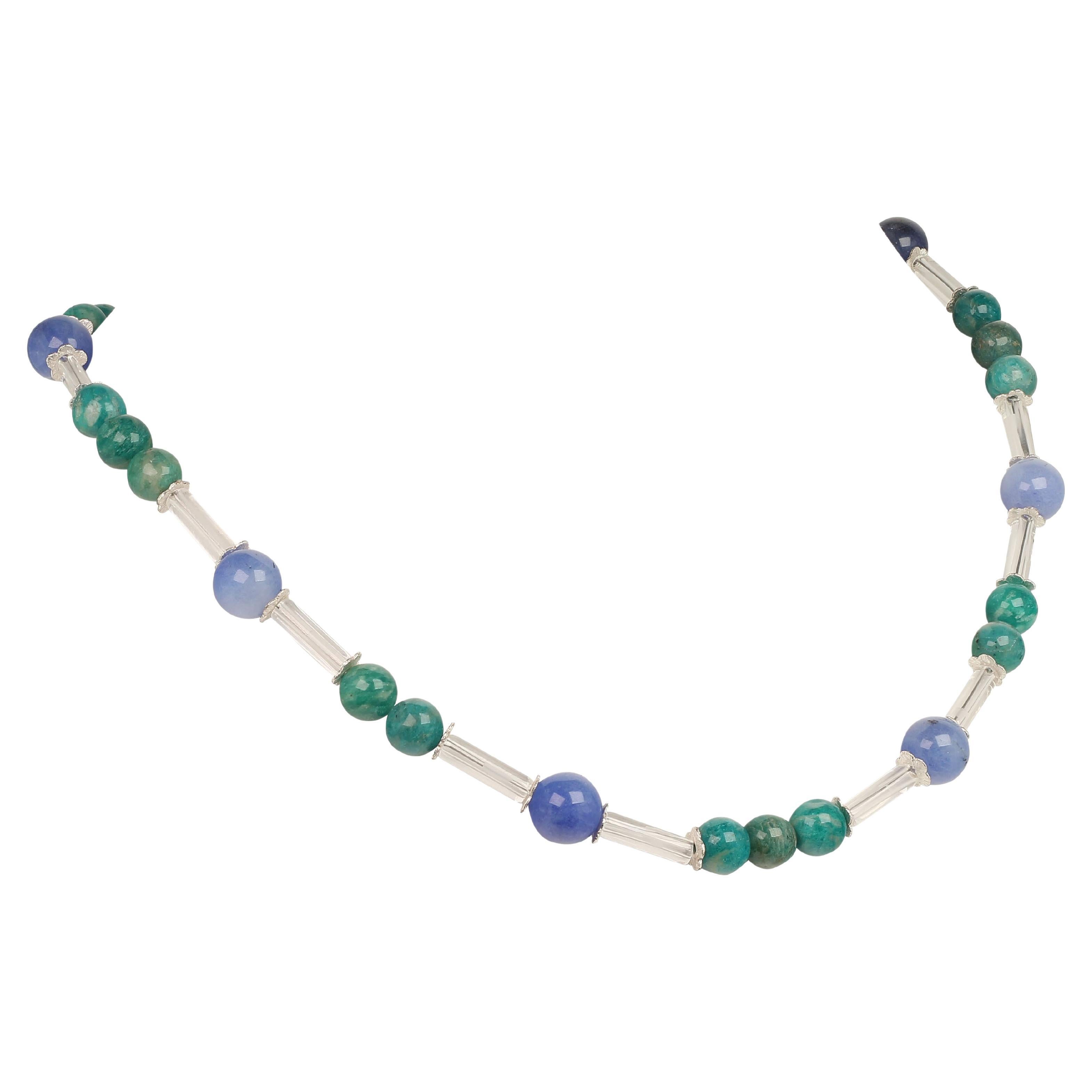 Bead AJD Updated Look Blue Agate and Green Amazonite Necklace For Sale