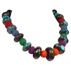 AJD 19 Inch Exotic Graduated Turquoise Rondelles & Colorful Felted Wool Necklace