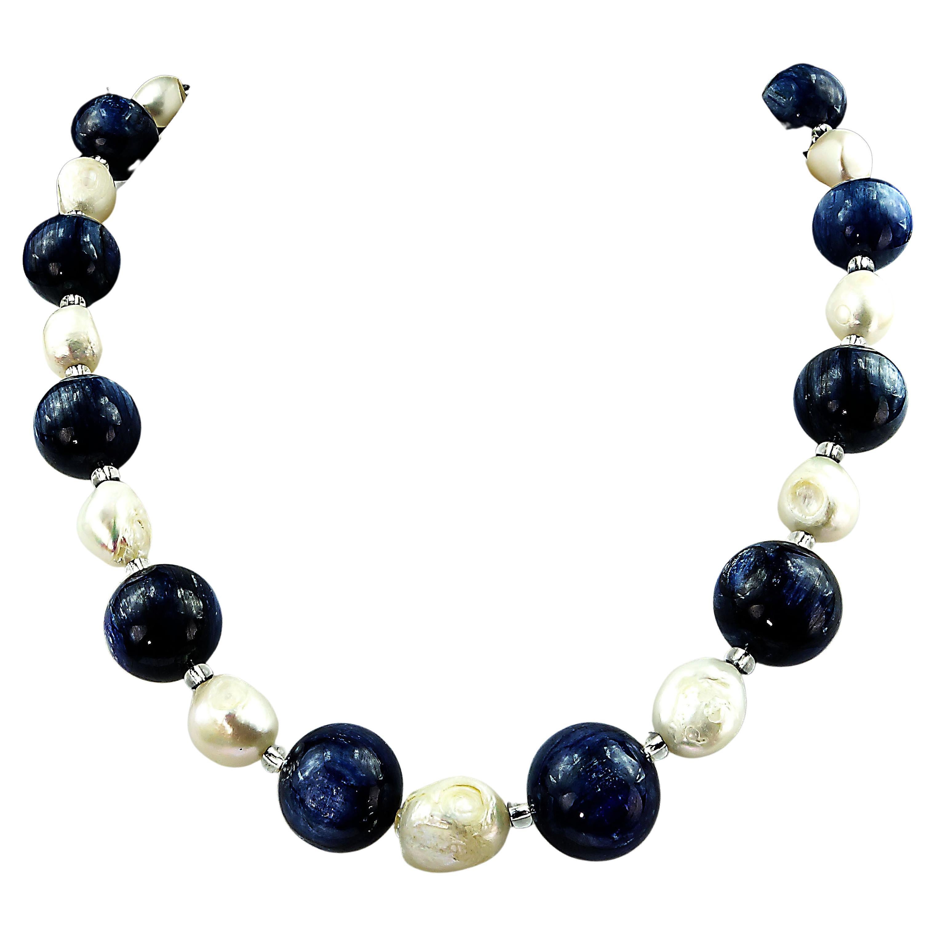 AJD Statement Blue Kyanite and White Baroque Pearl Necklace