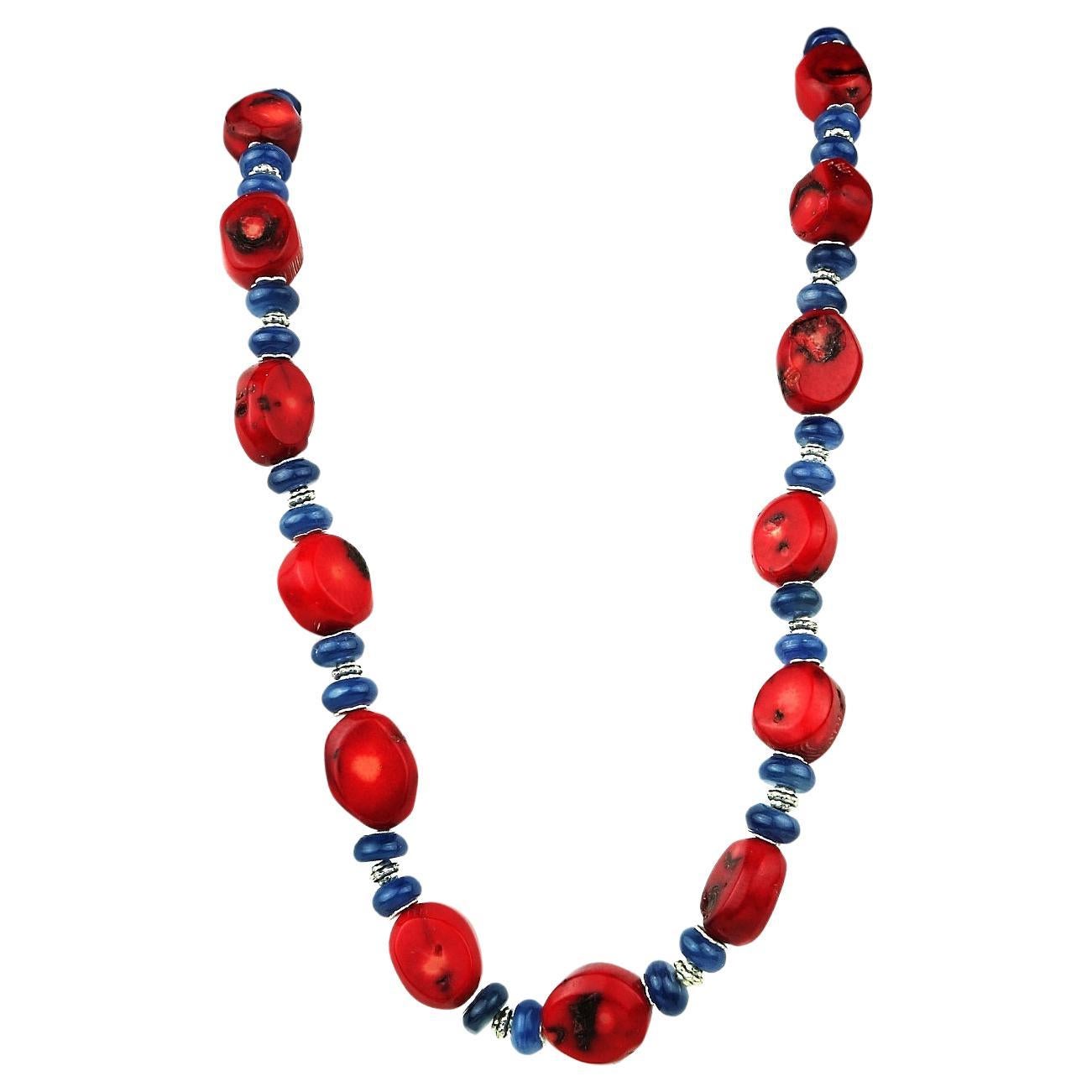 AJD Handmade, Red Coral and Blue Kyanite Southwest Style Necklace For Sale