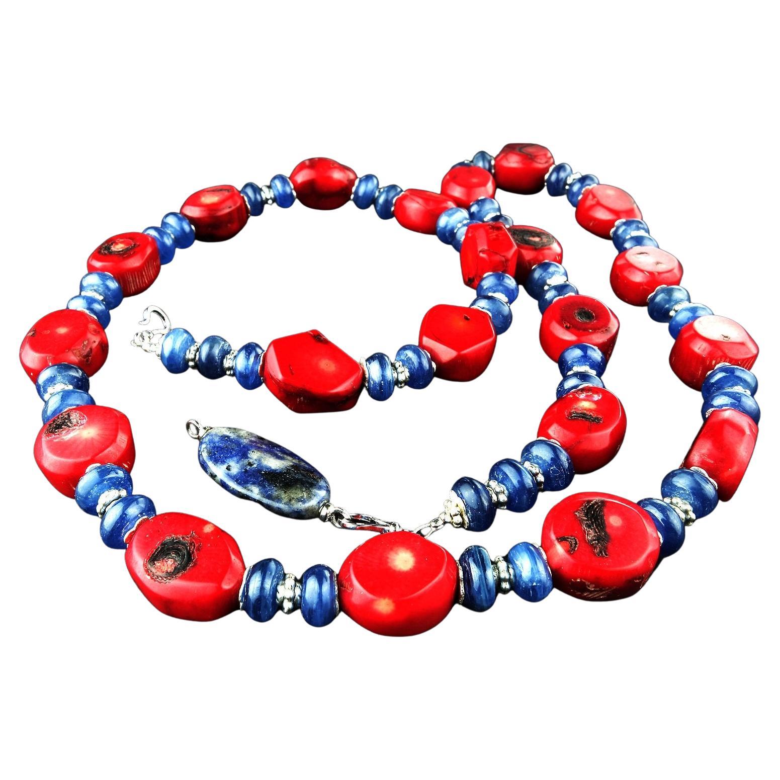Artisan AJD Handmade, Red Coral and Blue Kyanite Southwest Style Necklace For Sale