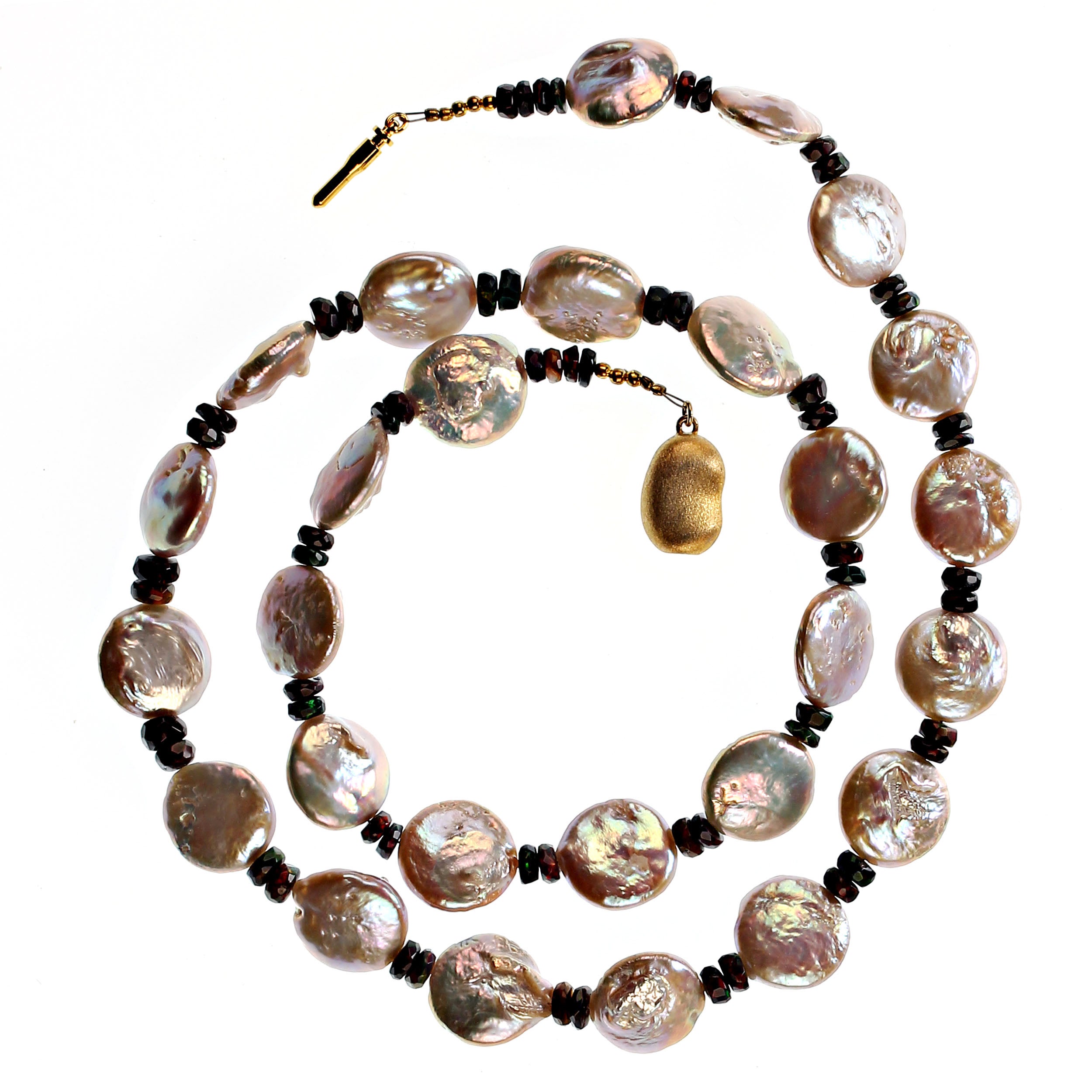 AJD 22 Inch Silvery Coin Pearls and Black Opal Necklace June Birthstone