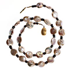 AJD 22 Inch Silvery Coin Pearls and Black Opal Necklace June Birthstone