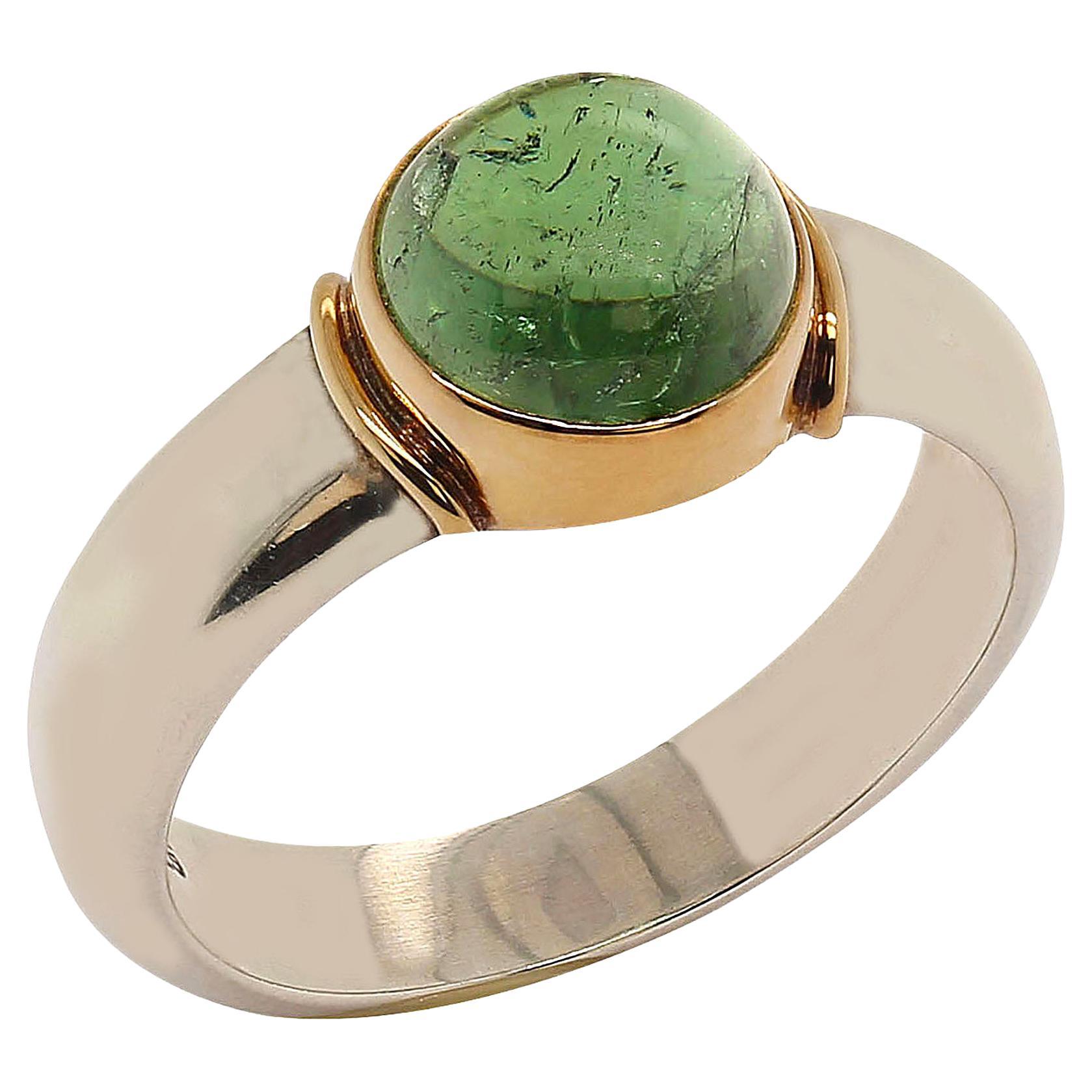 AJD Blue-Green Cabochon Tourmaline and Sterling Silver Ring with 18K Gold 