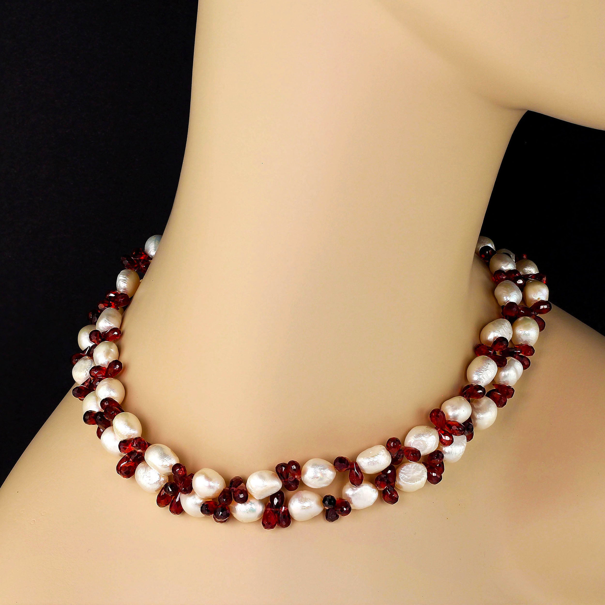 AJD Double-Strand Freshwater Pearl and Garnet Necklace January Birthstone