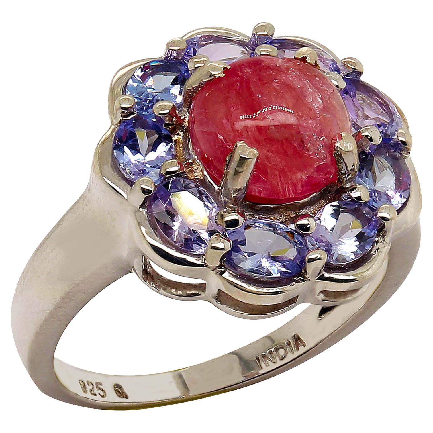 AJD Pink Tourmaline Cabochon in Tanzanite Halo Sterling Silver Ring