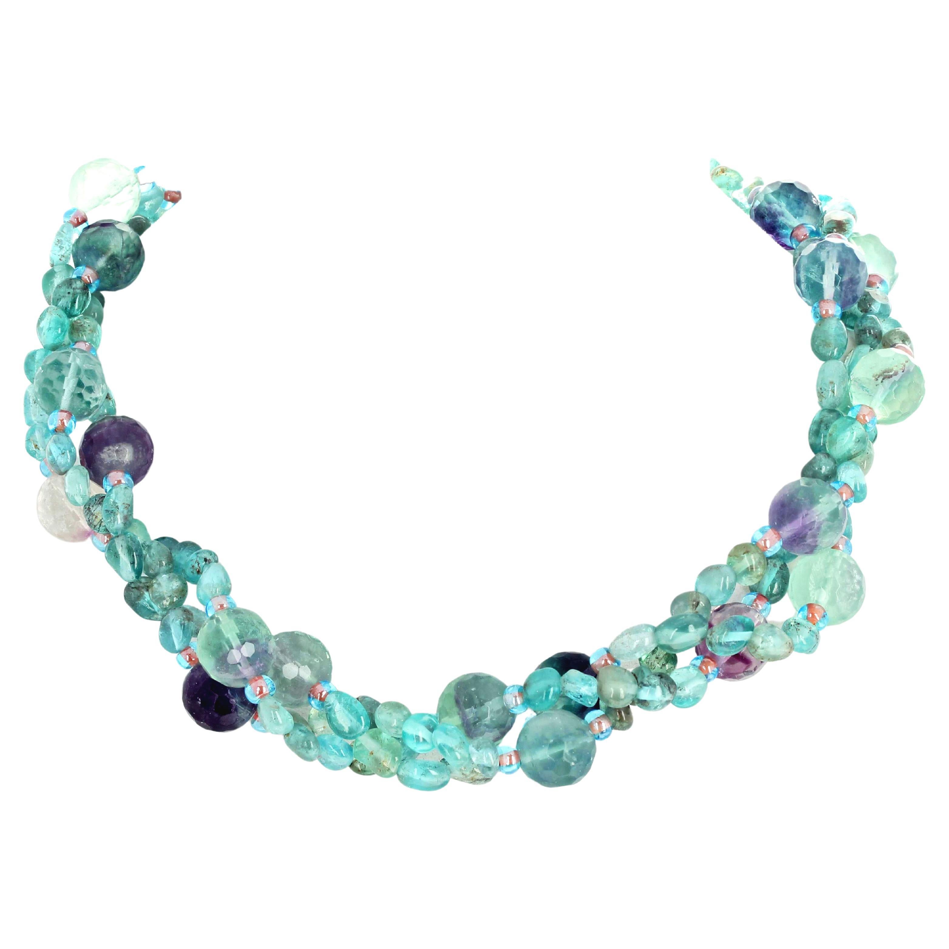 AJD, magnifique collier unique  trois brins d'apatite et de fluorine du Brsil