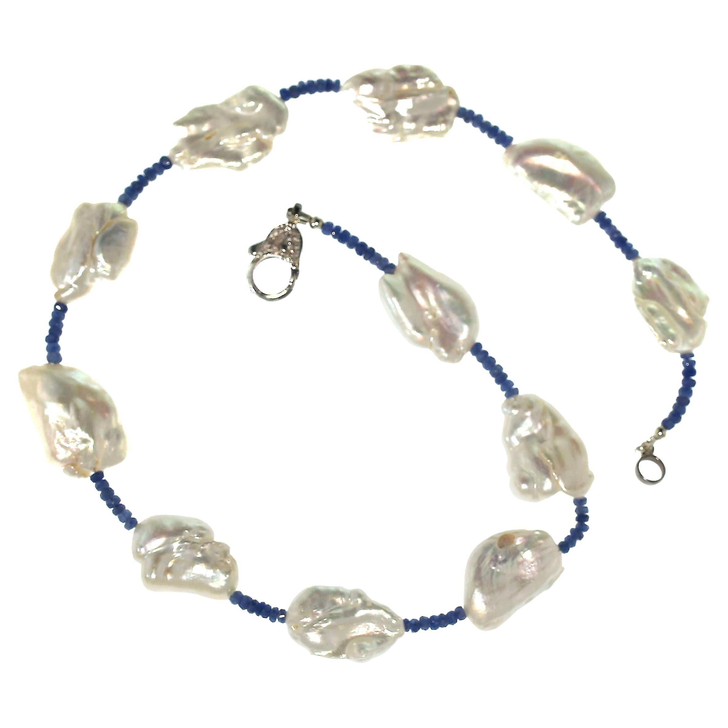 AJD Elegant 17 Inch Blue Sapphire & White Pearl Choker Necklace  June Birthstone