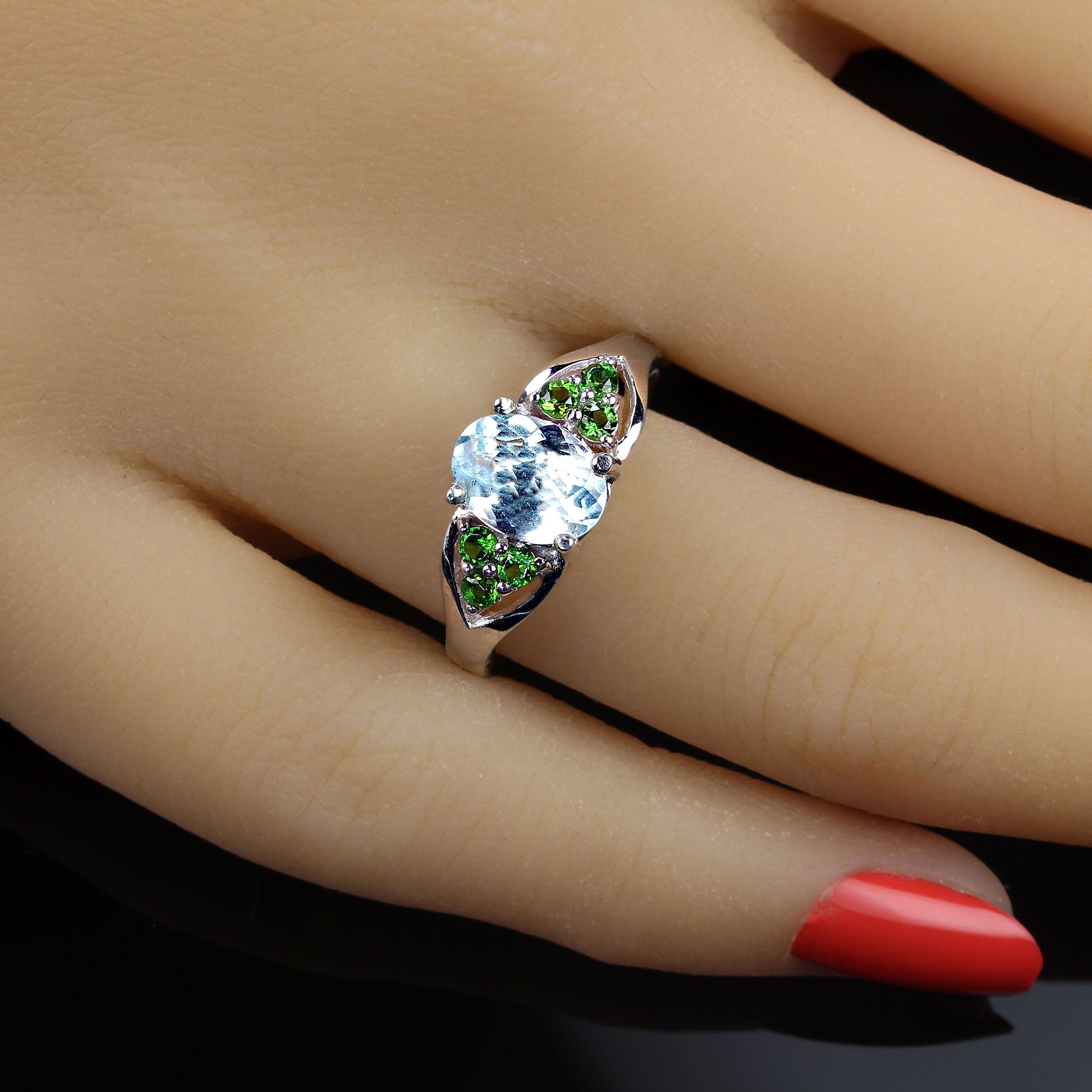  AJD Sparkling Aquamarine w Chrome Diopside in Silver Ring March Birthstone For Sale