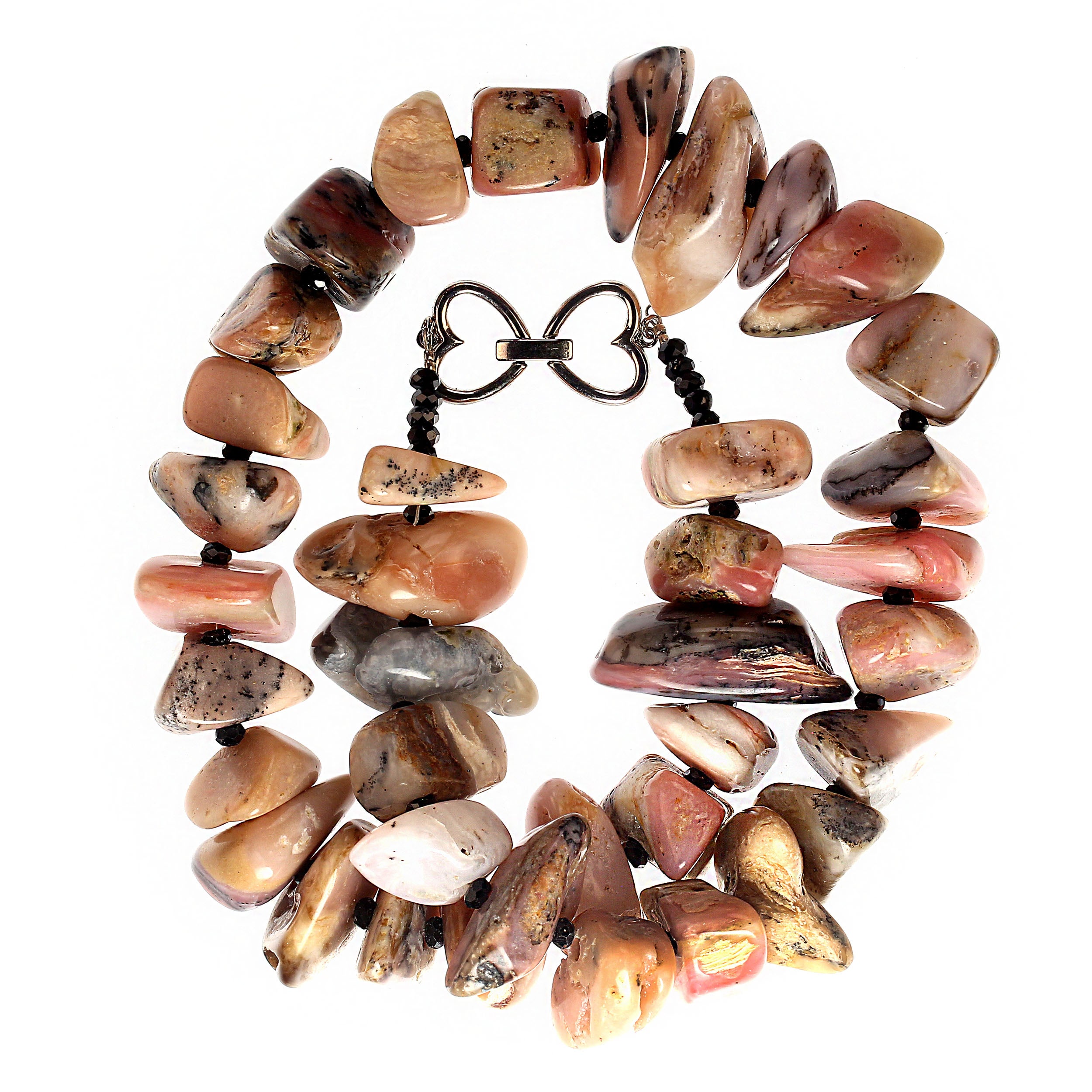 Collana AJD con pepite di opale peruviano rosa altamente lucidato e spinello nero