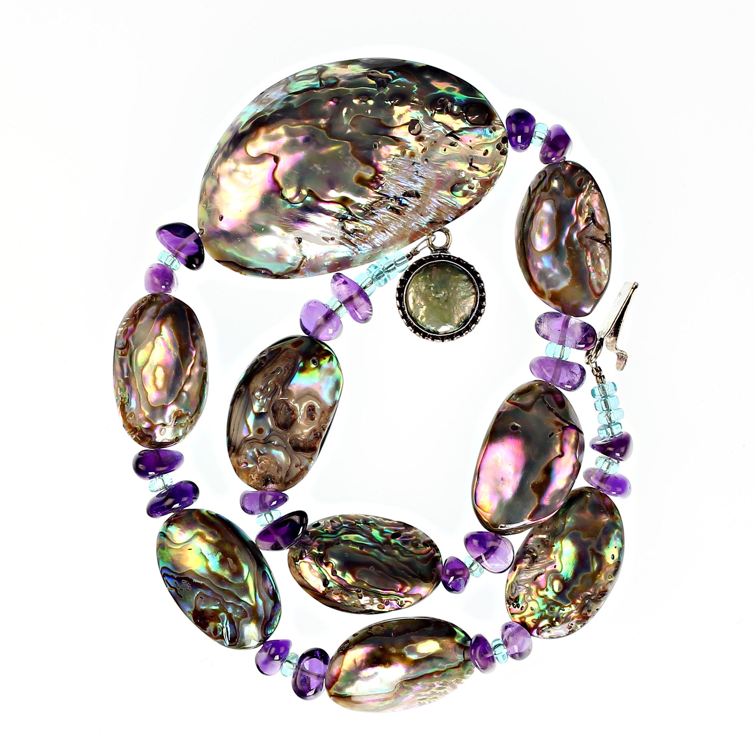 AJD Iridescent Paua Shell Short Necklace Accented with Amethyst and Apatite For Sale