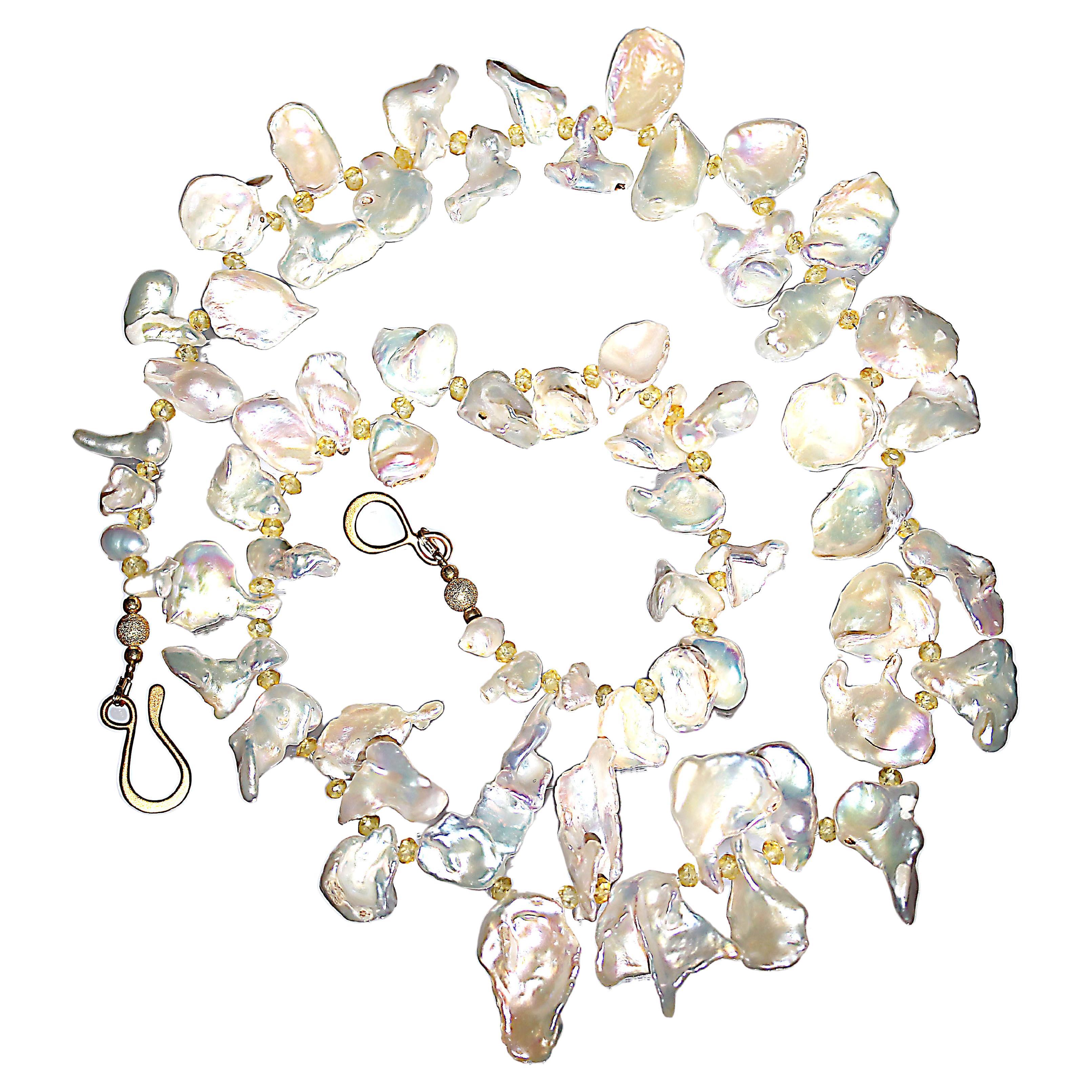 AJD  Iridescent White Keshi Pearl Necklace Citrine Accents June Birthstone