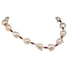 AJD Ruby & White Pearl Choker Necklace  Gold Vermeil Clasp July Birthstone