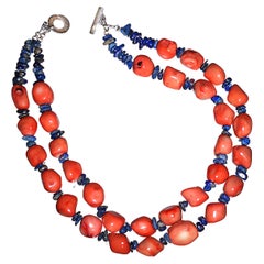 AJD Double Strand Necklace of Peach Coral and Lapis Lazuli