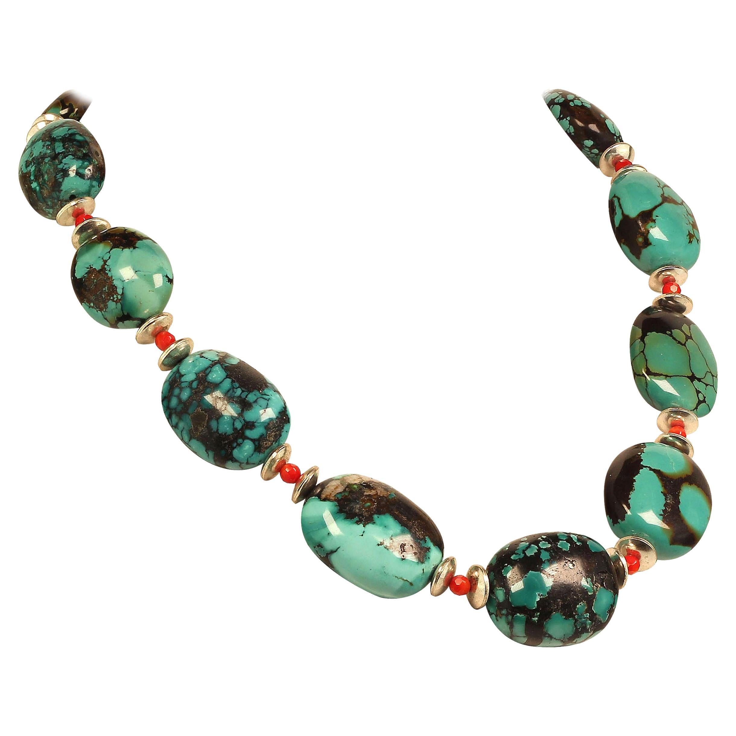 AJD Graduated Hubei Turquoise Nugget Necklace with Orange & Silver Accents