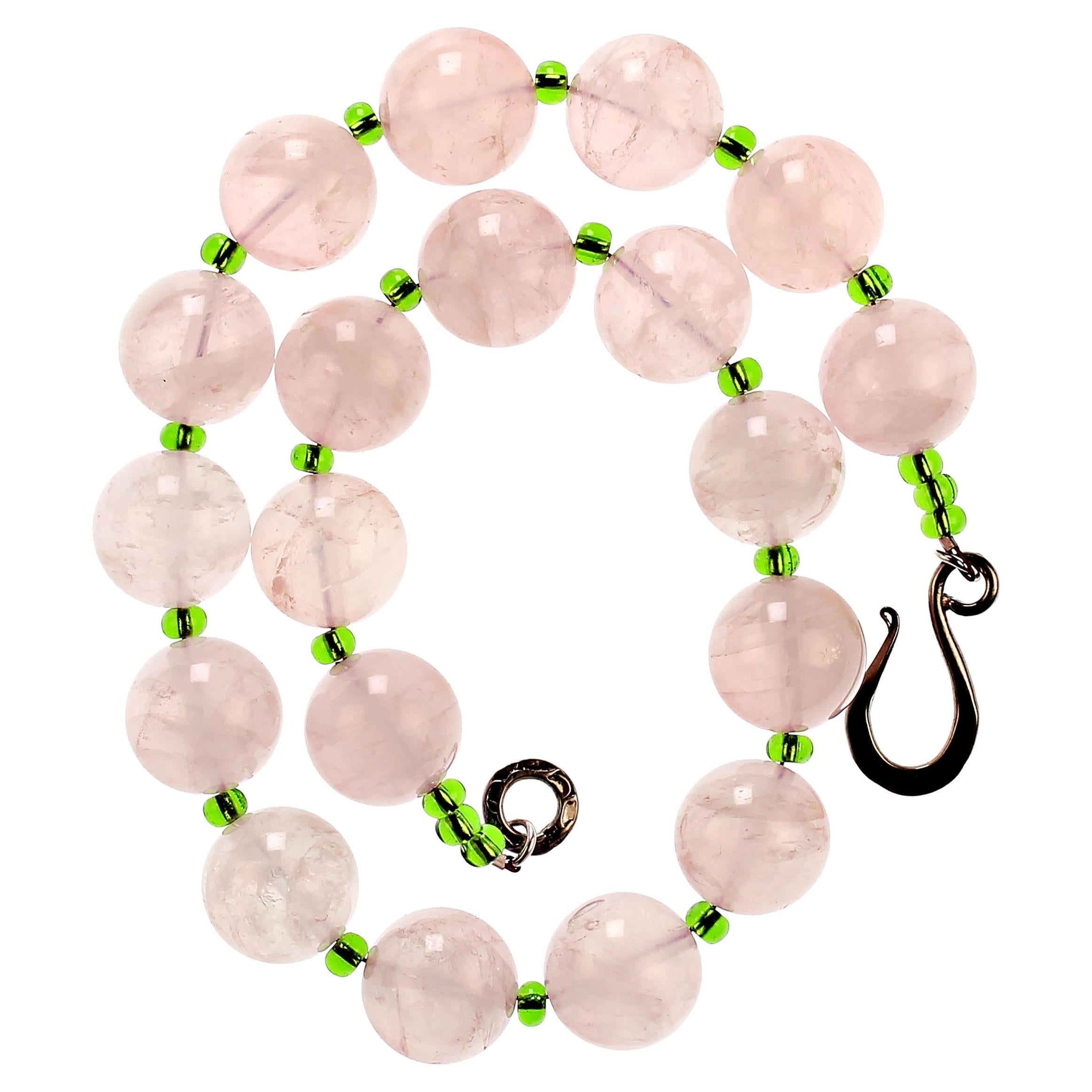 AJD Rose Quartz and Green Czech Bead 16 Inch Necklace For Sale