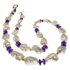 AJD 22 Inch Necklace of  Baroque Pearls and Amethyst Rondelles  June Birthstone
