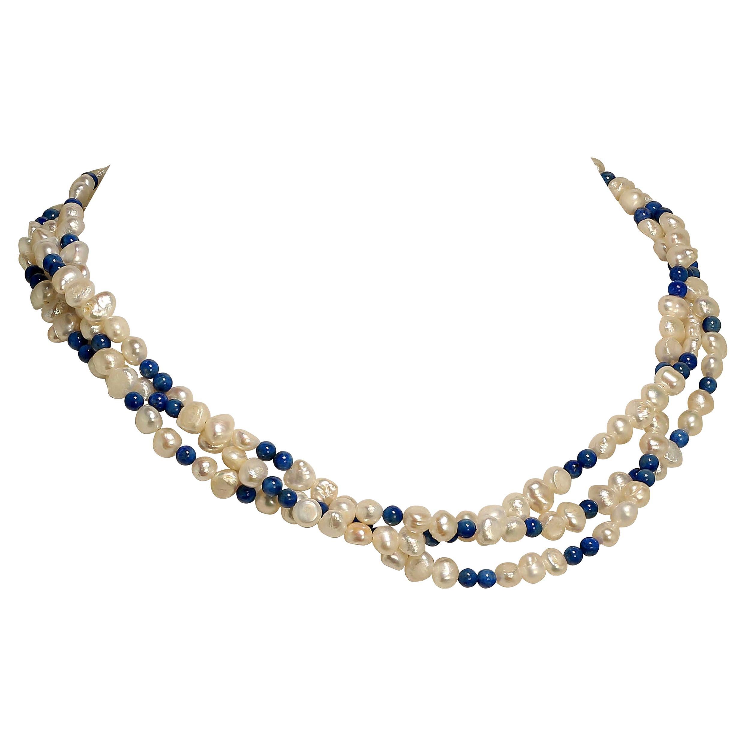 AJD Three-Strand 17 Inch  Necklace  White Pearls and Lapis Lazuli 