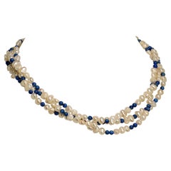 AJD Three-Strand 17 Inch  Necklace  White Pearls and Lapis Lazuli   Great Gift!!
