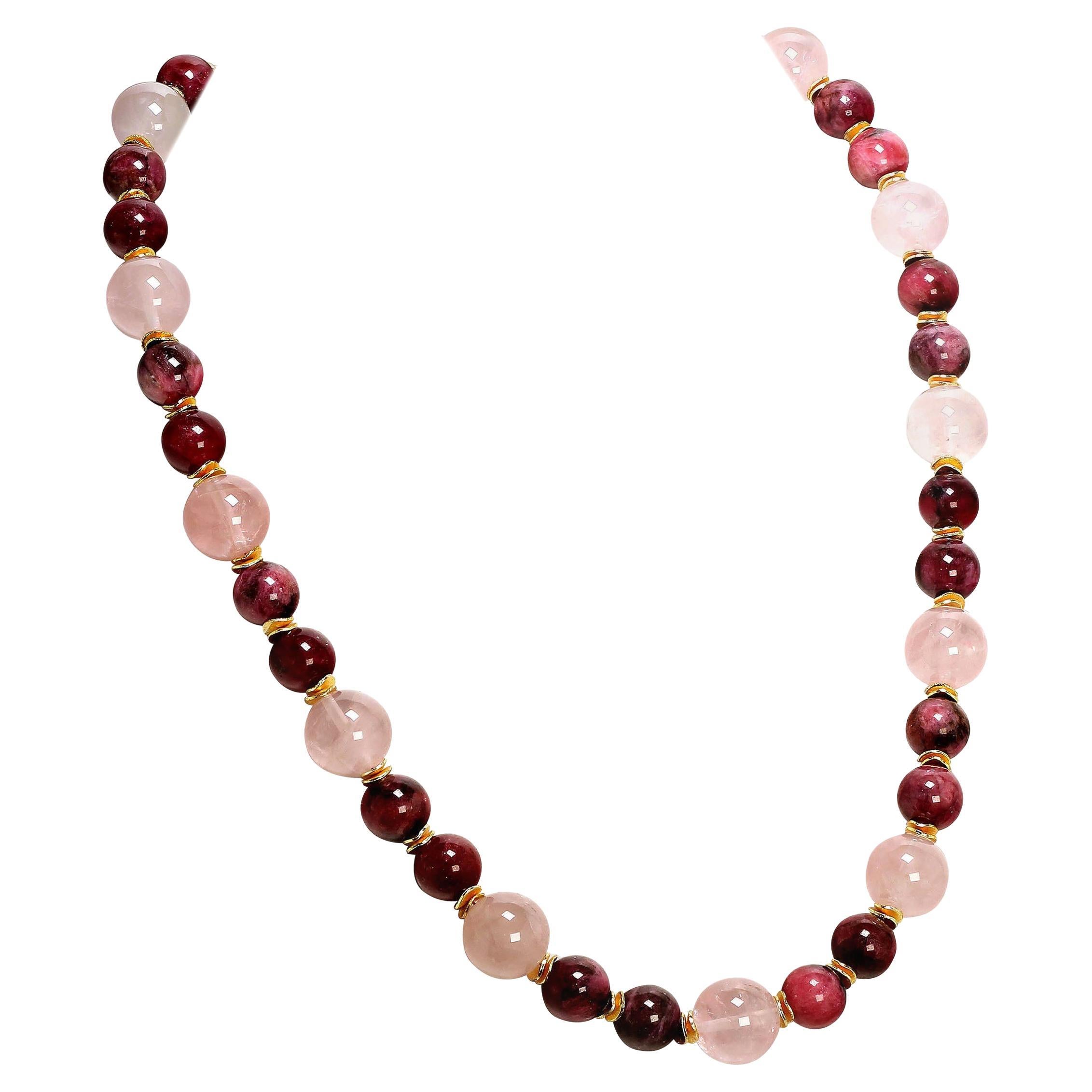 AJD Collier de 24 pouces en rhodolite polie et quartz rose  Super cadeau !