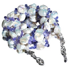 AJD 27 Inch White Keshi Pearls and Sparkling Tanzanite June Birthstone