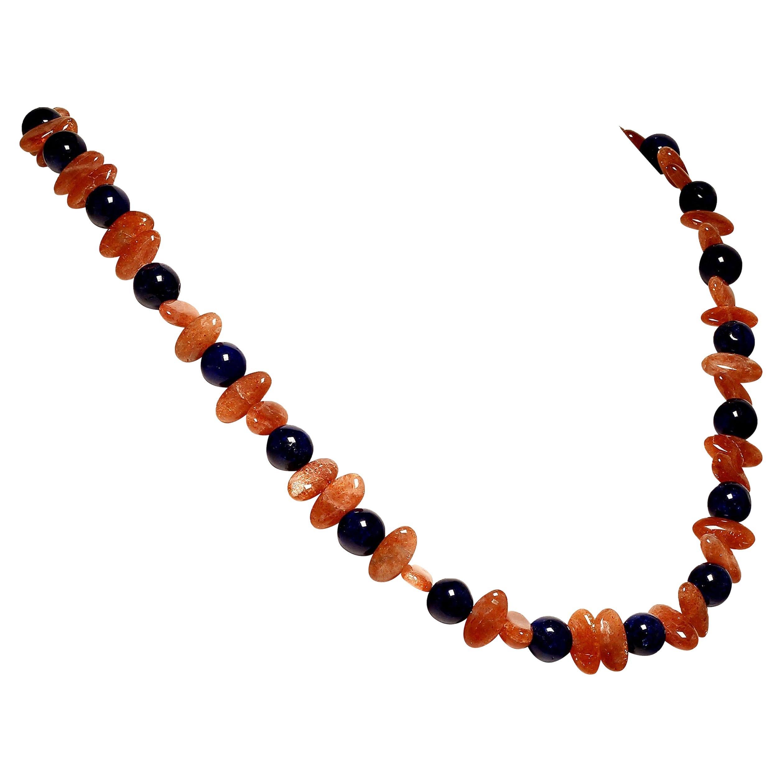 Artisan  AJD Necklace of Fascinating Oval Glittering Sunstone and Blue Agate Gift Idea! For Sale