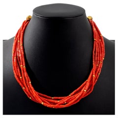 Red Coral Multi-Strand Necklace with 18K Gold Clasp, Modern Design