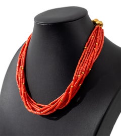 Red Coral Multi-Strand Necklace with 18K Gold Clasp, Modern Design