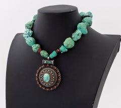 Collier avec pendentif en argent sterling, turquoise rétro et corail rouge, 15"