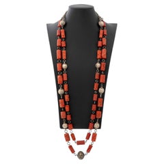 Retro Red Coral and Silver Beaded Necklace, 20th Century