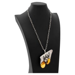 Modernist Sterling Silver Amber Pendant Necklace, 20th Century Design